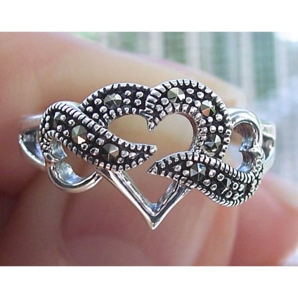 925 STERLING SILVER Triple Heart Marcasite Ring - Picture 1 of 14
